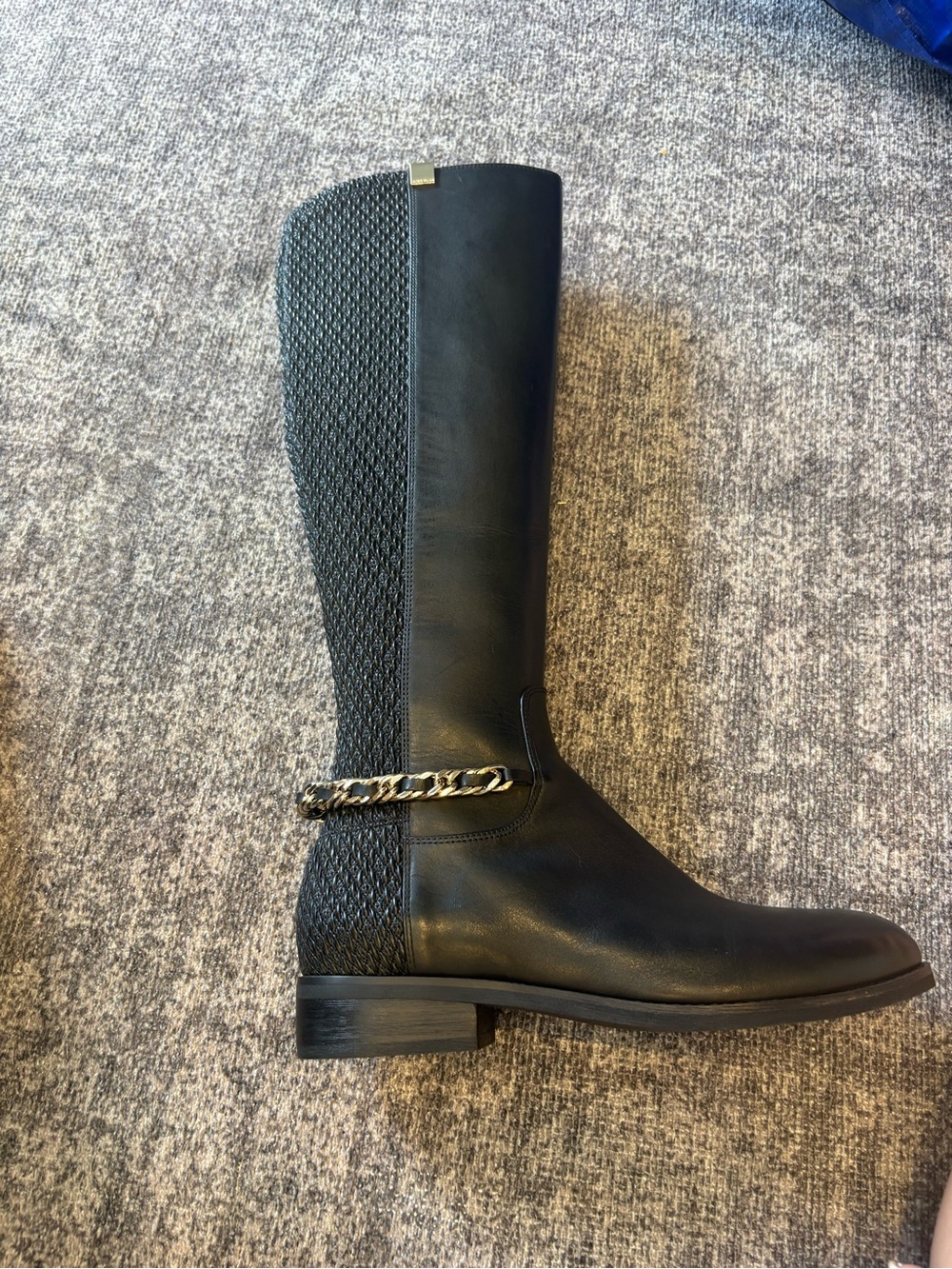 Black Over-the-Knee Leather Boots with Chain Detail